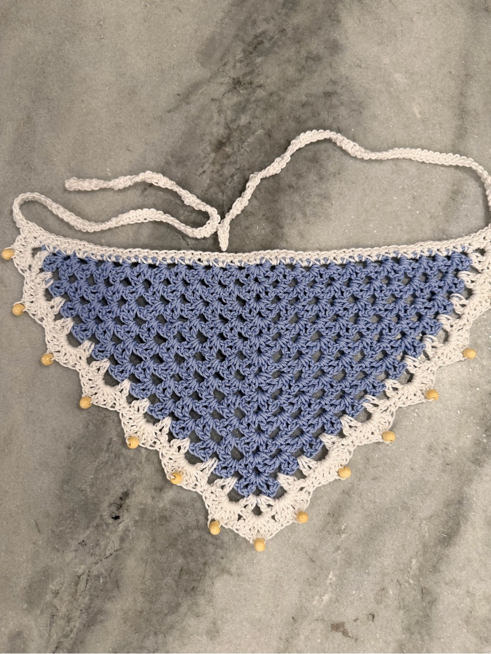 Handmade Crochet Wood Beaded Kerchief Head Scarf Cotton Boho Bandana Cottagecore